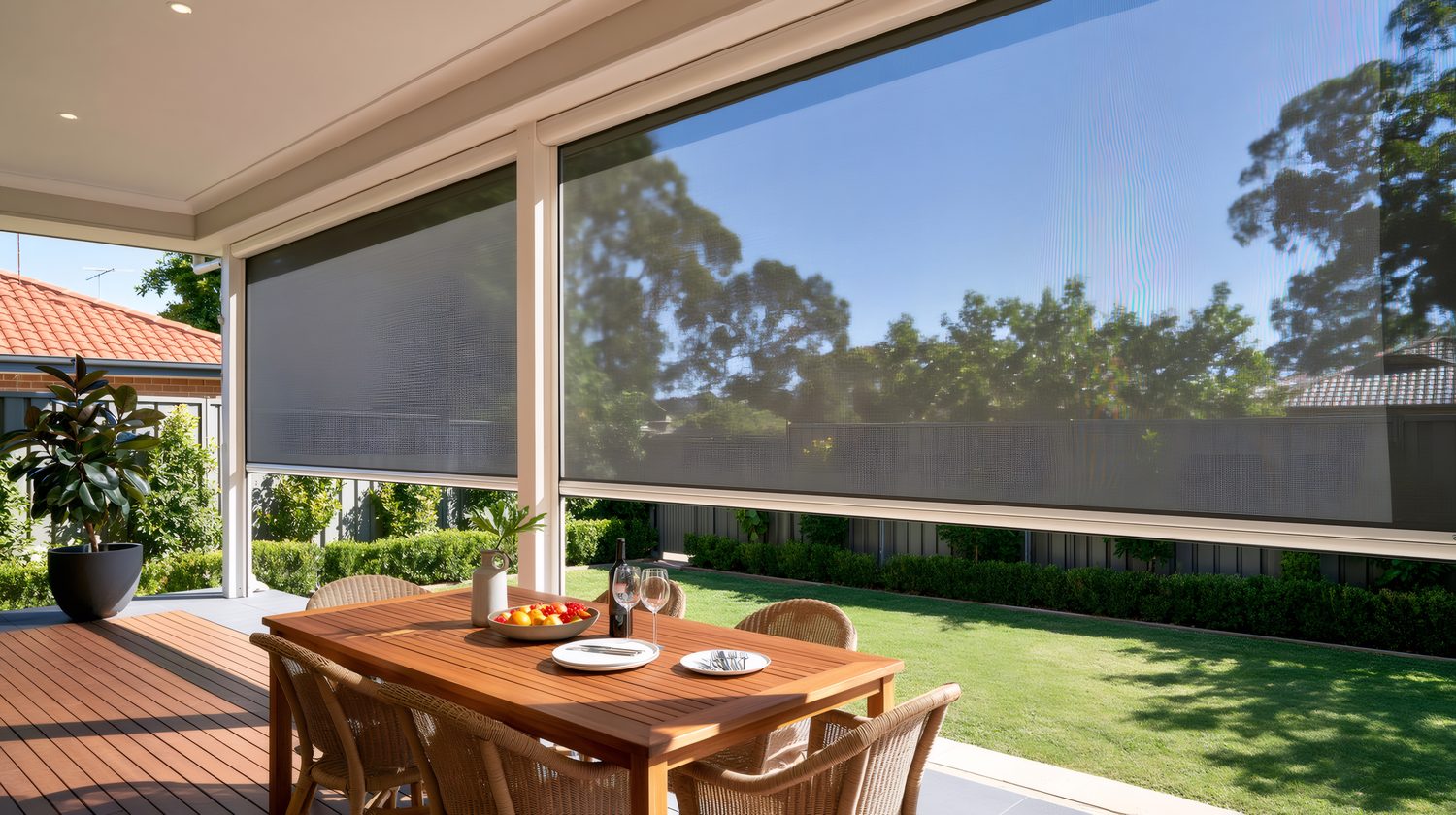 Dining patio with retractable mesh screens overlooking a backyard