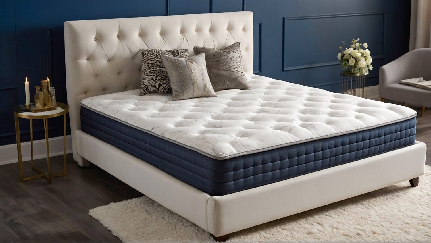 Luxury quilted mattress on an upholstered bed in a bedroom