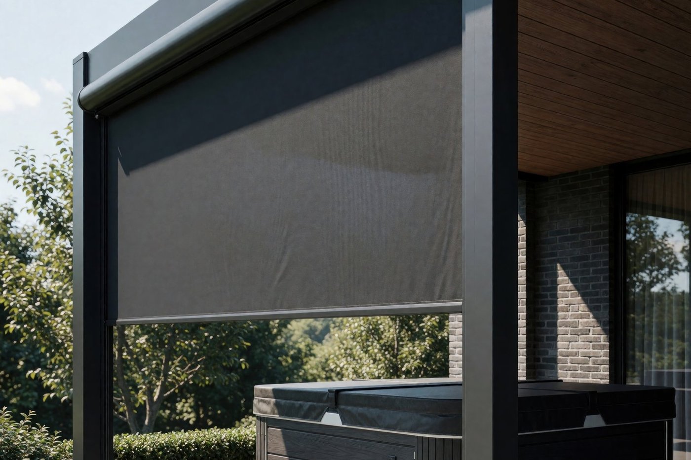 Hot tub patio with retractable mesh screen under a pergola