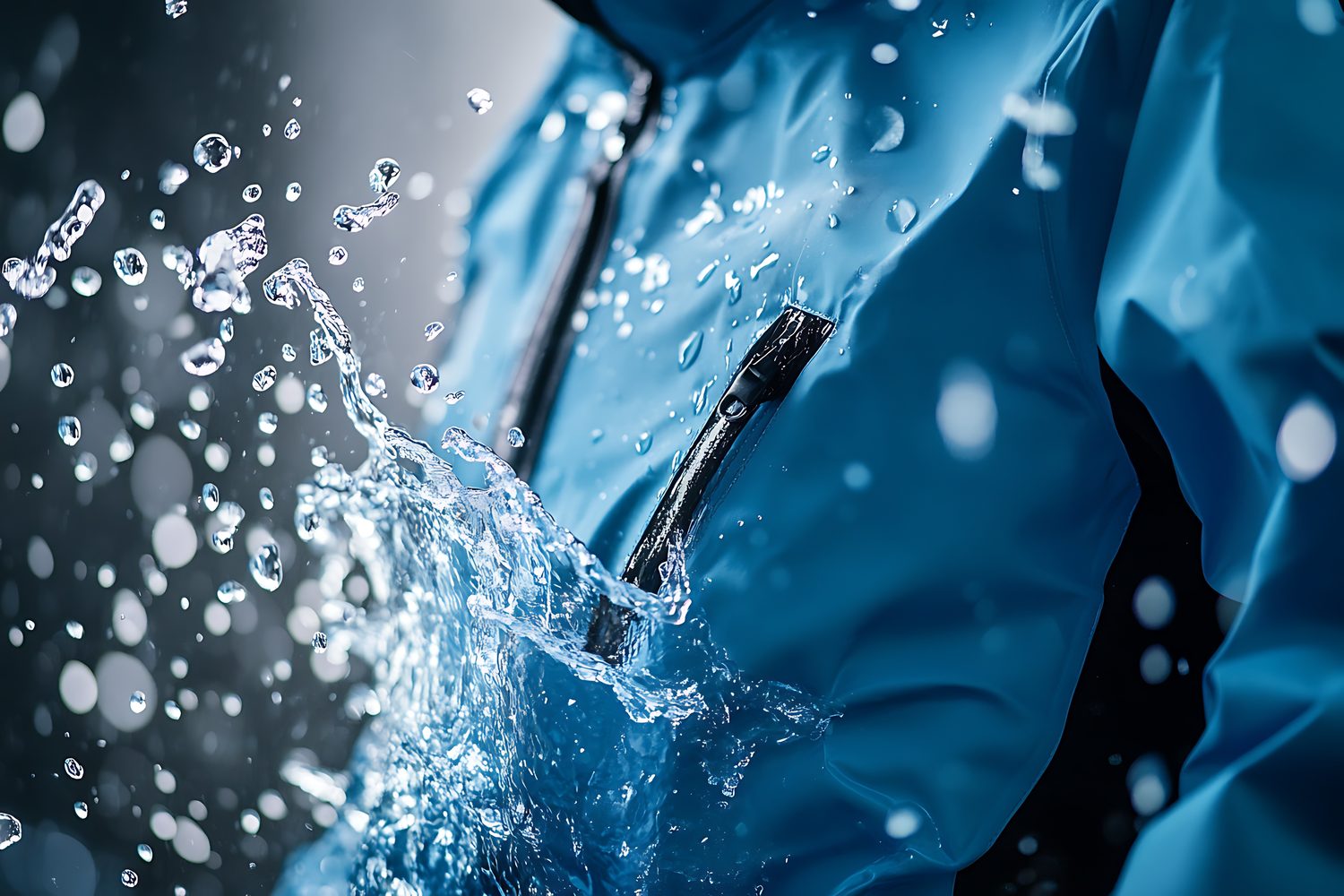 Blue water-resistant jacket with zipper under splashing water