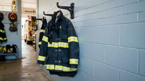 Firefighter turnout coat with reflective stripes hanging in a fire station