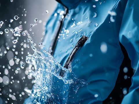 Blue water-resistant jacket with zipper under splashing water