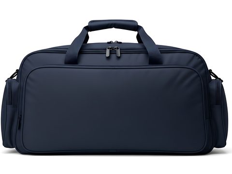 Navy duffel bag with multiple zipper compartments